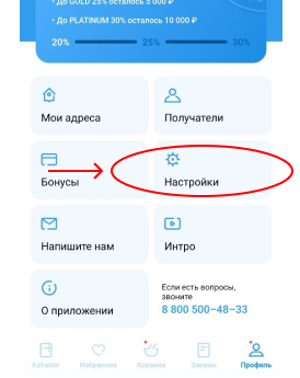 Мобильное приложение: разделы «Бонусы» и «Настройки» Экран мобильного приложения с разделами «Бонусы» и «Настройки»